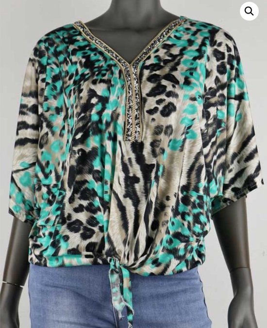 Top Turquoise Et Marron Taille Unique - Manches 3/4 - Occasion Très Bon état