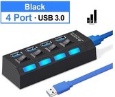 USB Hub-3.0 USB-Splitter Multi- 4 Poorten- Hub Splitters- Met Power Adapter-Computer Accessoires- Zwart-Led