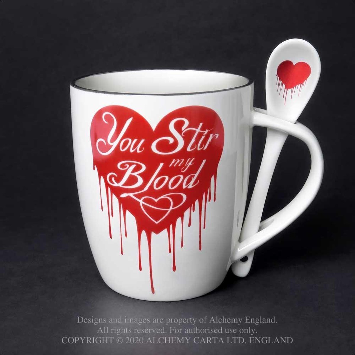 Alchemy Mok/beker met lepel set You Stir My Blood Wit/Rood - Keramische mok Vaatwasmachine- en magnetronbestendig - 390ml