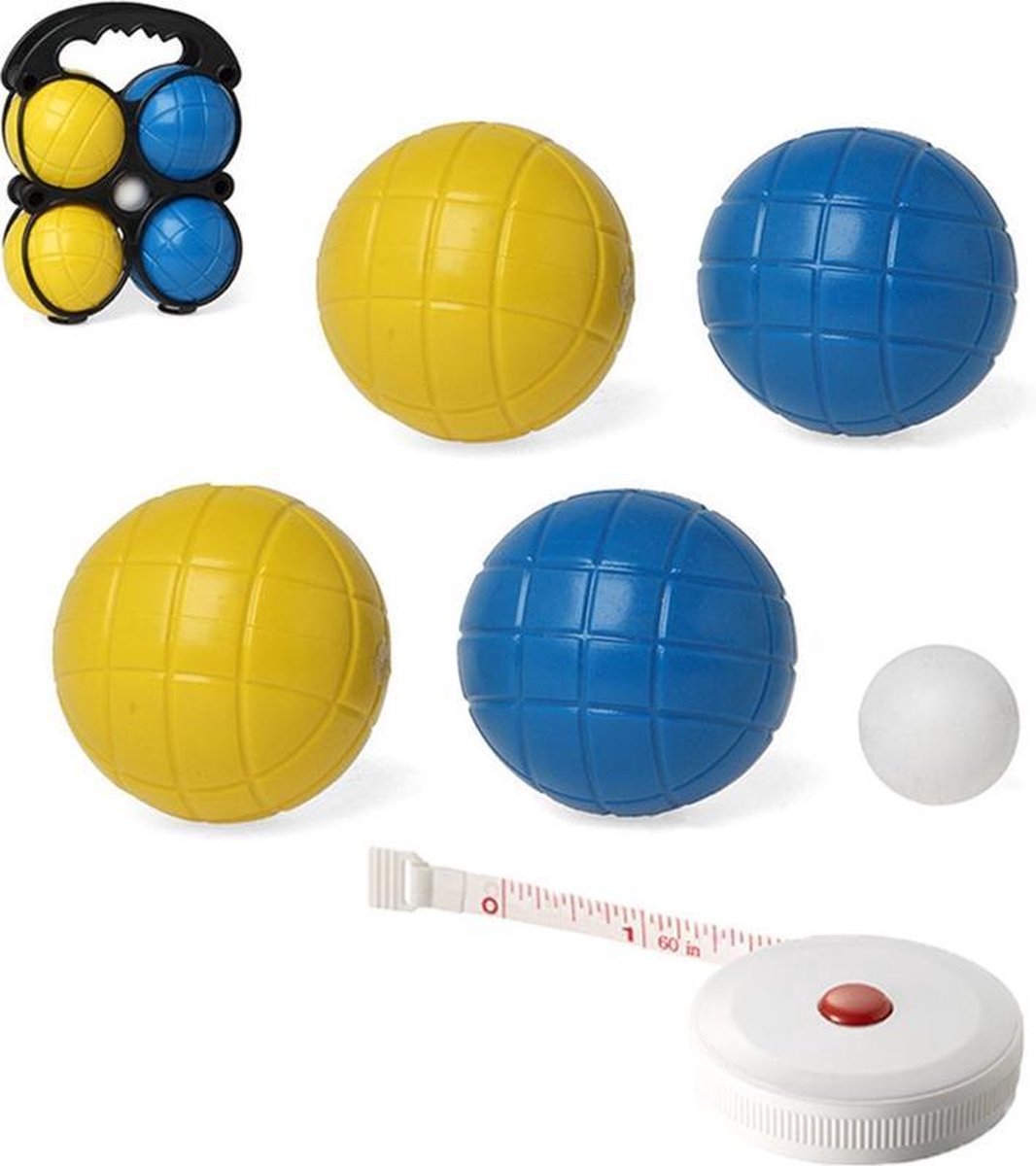 Jeu de boules set met 4 ballen + compact meetlint/rolmaat 1,5 meter - Complete kaatsbal/petanque set - Actief buitenspeelgoed voor kinderen - Merkloos