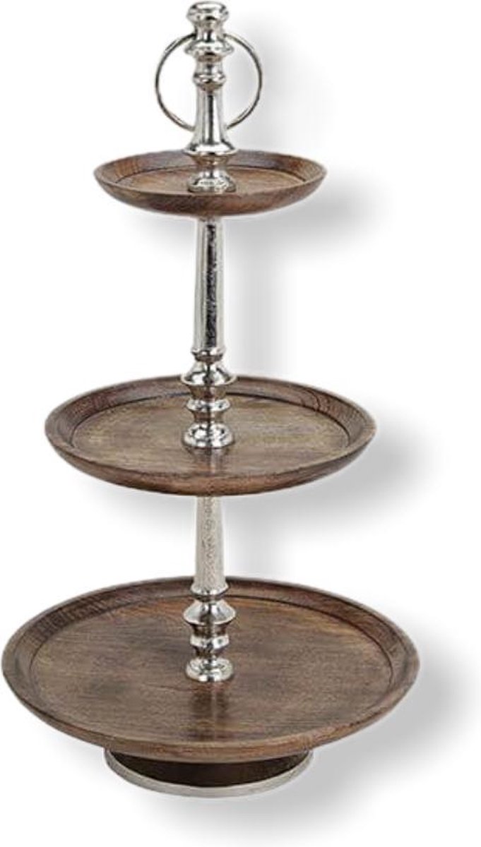 Zilver metalen etagère met houten borden 3-laags 52x30 diameter - Etagere wood/metal threepart 52 x 30 cm diameter