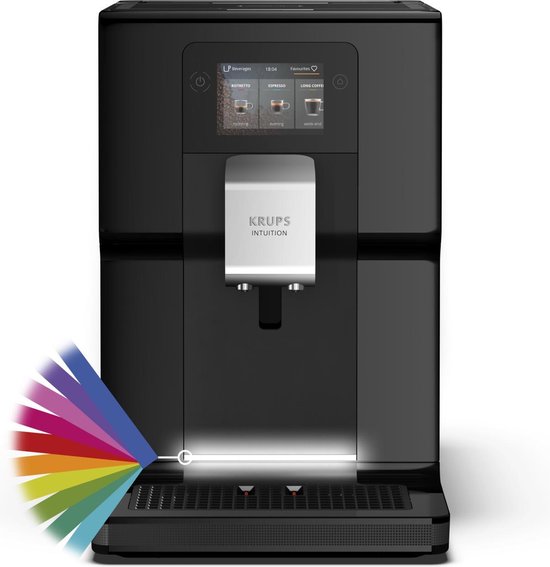 Zwarte Krups Intuition volautomatische espressomachine met gekleurde lichtstraal die uit de onderkant komt.
