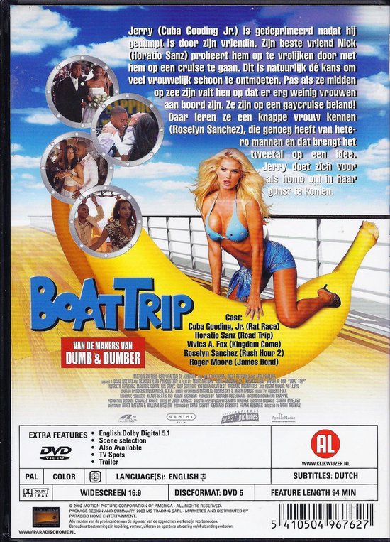 Een vrouw in een blauwe bikini op een banaan, met tekst en de cast van Boat Trip.