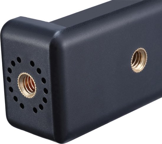 Zwarte telefoonhouder met schroefdraad voor accessoires en ventilatiegaten.
