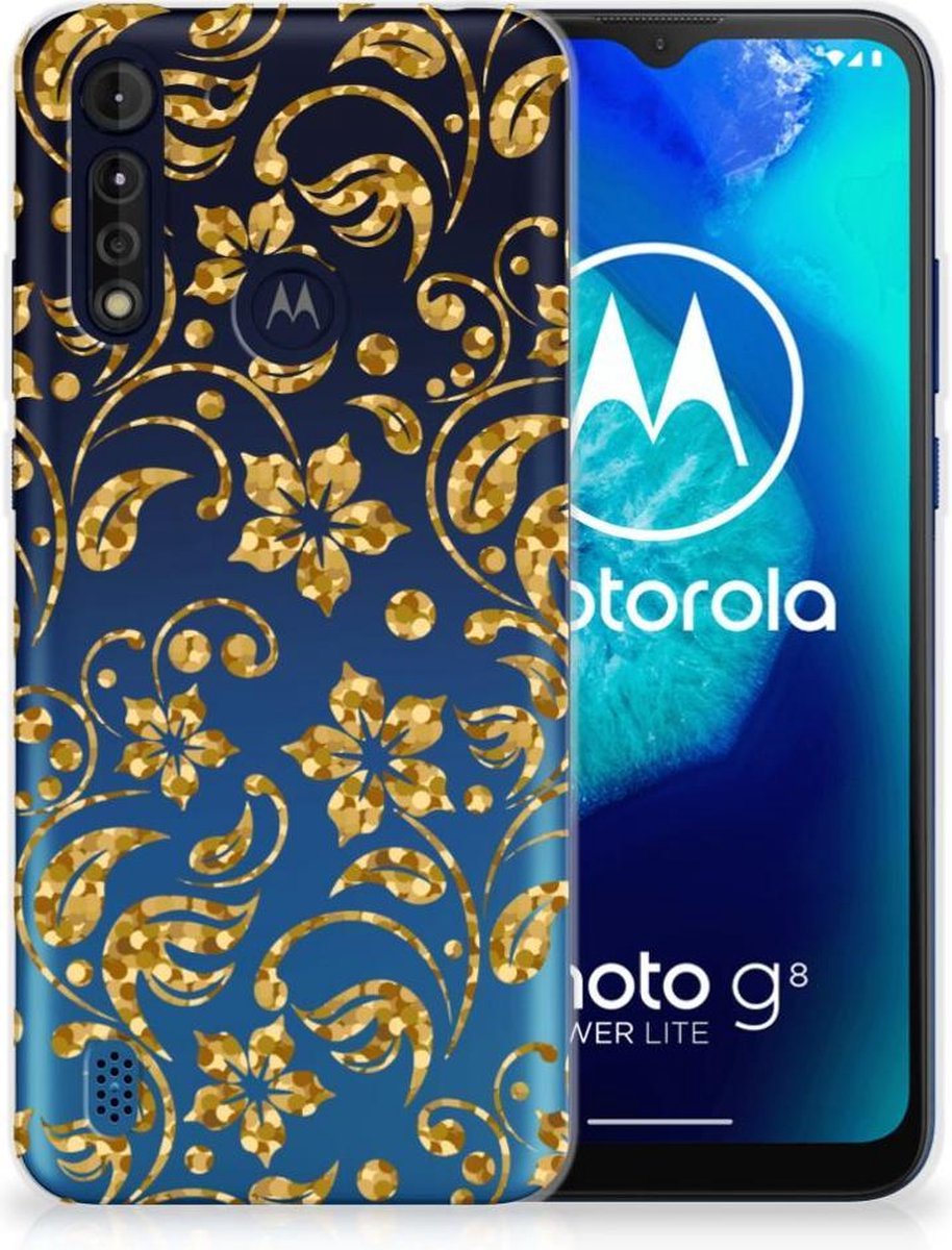 Back Cover voor Motorola Moto G8 Power Lite TPU Case Gouden Bloemen