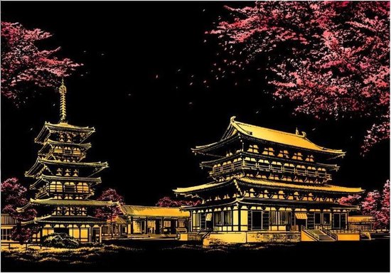 Foto: Kras tekening groot p 41x28cm japan krastekening schitterende huizen bloesem krastekeningen pakket scratch art painting kraskaarten krasfolie