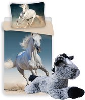 Paarden dekbedovertrek set 140 x 200 cm, incl. Grote super zachte paarden knuffel 32 cm grijs, kinderen slaapkamer eenpersoons dekbedovertrek