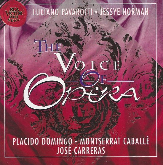 Cd-hoes van 'The Voice of Opera' met afbeeldingen van Luciano Pavarotti, Jessye Norman, Placido Domingo, Montserrat Caballé en José Carreras.