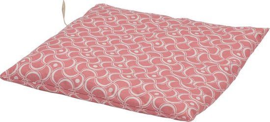 Roze stoelkussen met een crème-kleurig golvend patroon. Het kussen heeft een touwtje aan de zijkant.