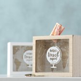 spaarpot hout met tekst save , travel , repeat .  Kleur hout bruin .