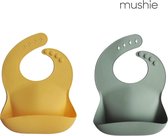 Mushie siliconen slab | mineral yellow + cambridge blue | bibs | met opvangbakje | slabbetje