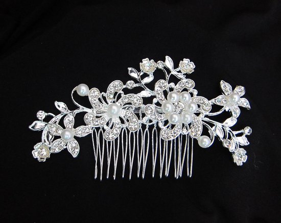 Haarkam zilver | Bloem - Parels - Diamantjes | Haarsieraad bruid | 11 cm