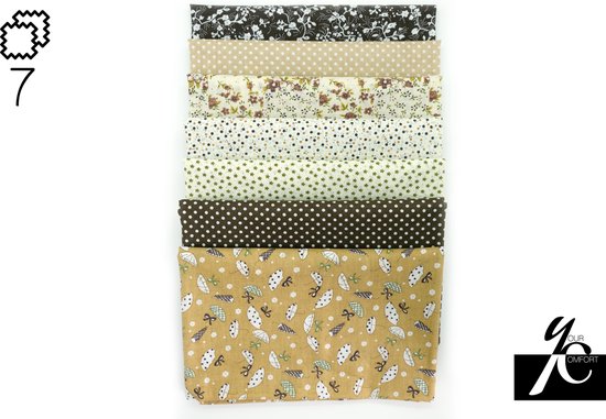 SET 7 STOFFEN BRUIN BEIGE om zelf af te naaien, 100% katoen, verschillende prints, 50x50cm - stof - patchwork - quilt - mondkapje - mondmasker