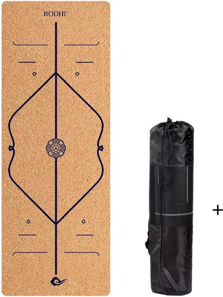 Yoga mat van kurk en zwart rubber - Extra dik en breed - met opdruk