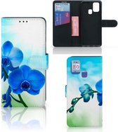 Telefoonhoesje Geschikt voor Samsung Galaxy M31 Wallet Book Case met foto Orchidee Blauw Valentijn Cadeautje Vrouw