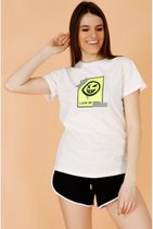 La Pèra Wit effen T-Shirt met Smiley 100% Katoen Dames - Maat S