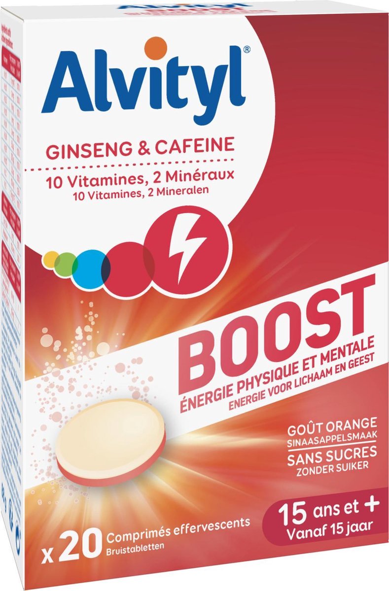 Alvityl - Boost bruistabletten, sinaasappelsmaak - Ginseng & Cafeïne, 10 vitaminen, 2 mineralen - Vanaf 15 jaar - 20 tabletten