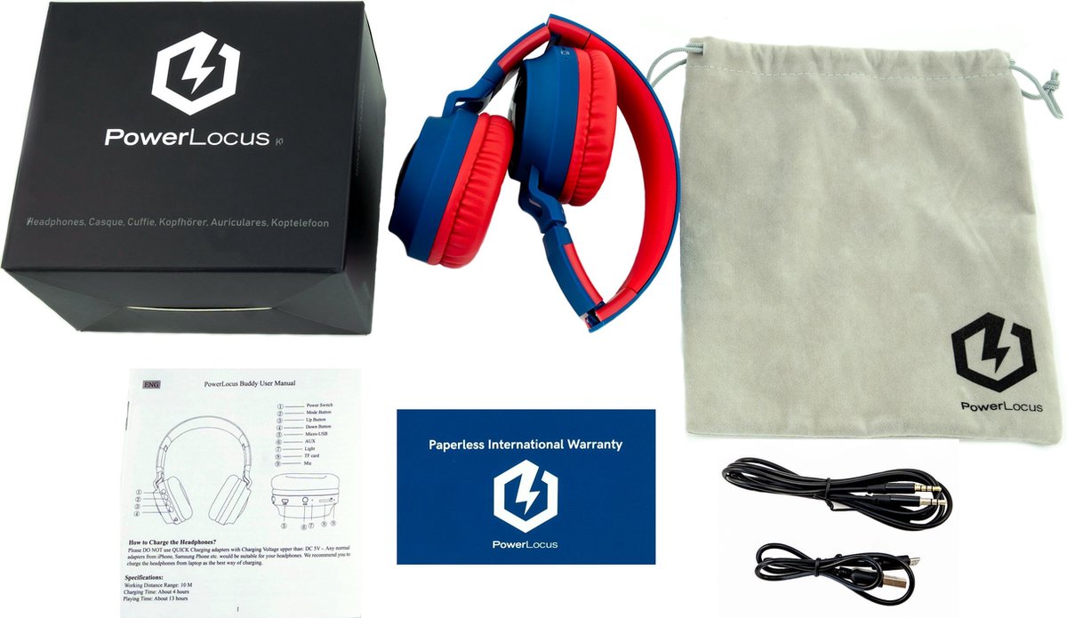 PowerLocus Buddy Draadloze On-Ear Koptelefoon voor Kinderen, LED lampjes, 85db Limiet, met Microfoon, Micro SD poort - Blauw/Rood – foto 5