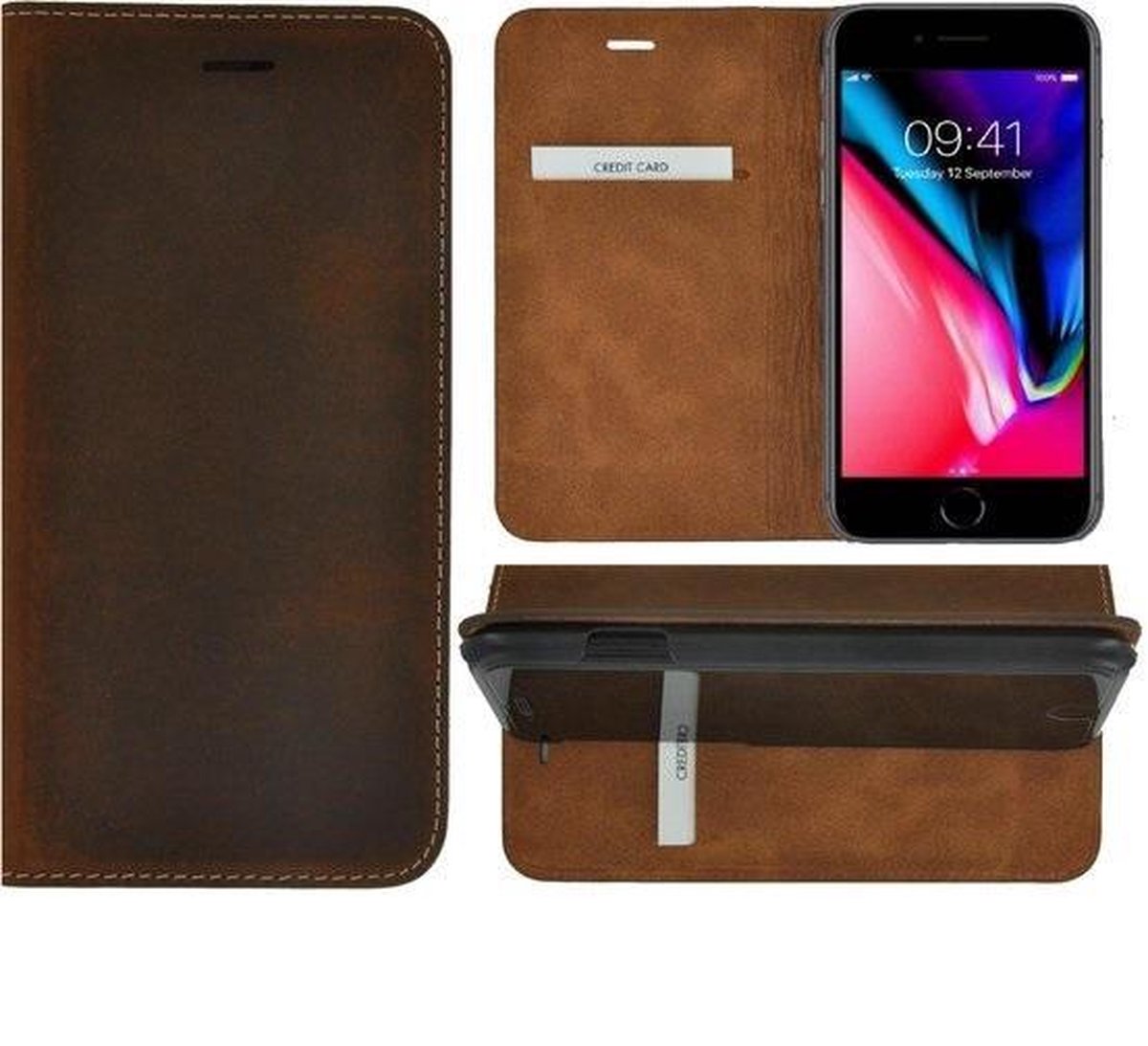 Geschikt voor iPhone 8 Plus hoesje - Echt Leer - iphone 7 Plus / 6 Plus Hoesje - Wallet bookcase Ultra Dunne Portemonnee Antiek donker Bruin Cover