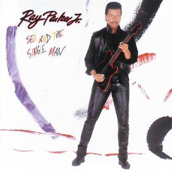 Ray Parker Jr. in zwart leren kleding met een elektrische gitaar op het album Sex And The Single Man.
