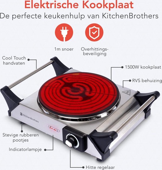 niemand metalen Nutteloos KitchenBrothers Elektrische Kookplaat - 1 Pits - 1500W - RVS | bol.com