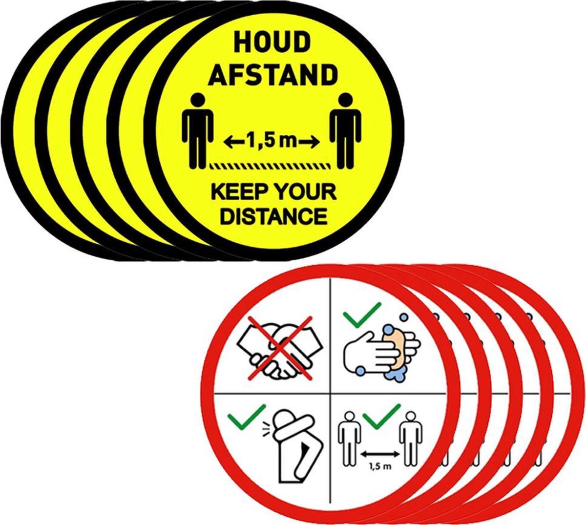 Corona stickerset - 2 x 5 stuks - rond - Afstand houden - Keer you distance - Corona Regels - COVID-19 - 14cm