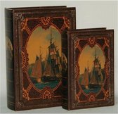 Opbergboek - boekdoos - set van 2 - leer - zeilschepen - opberger - antiek