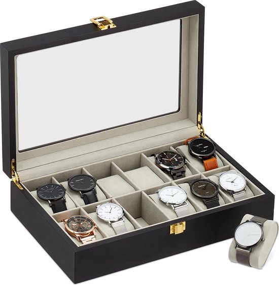 relaxdays boîte à montres 12 compartiments - boîte à montres - boîte de rangement pour montres - bois - noir