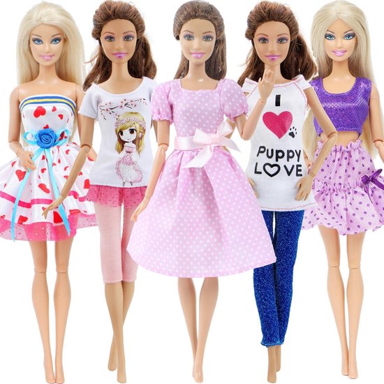 Barbie kleding set - Jurjes, rokje, shirts, leggings - roze/paars kleertjes  | bol.com