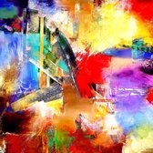 JJ-Art (Canvas) | Abstract, explosie van kleuren in olieverf look - woonkamer | sfeer, modern, rood, blauw, geel, lila, paars | Foto-Schilderij print op Canvas (canvas wanddecoratie) | KIES J