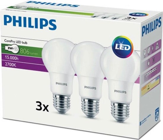 bol.com | Philips Led Lamp 8W (60w) E27 - Core Pro Led Bulb - Warm Wit -  vervangt 60 Watt - 3...