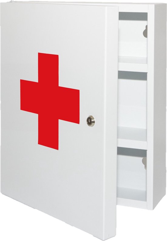 Culinorm Medicijnkastje van staal met slot - 35cm x 45 cm x 15 cm - Wit met  rood kruis | bol.com