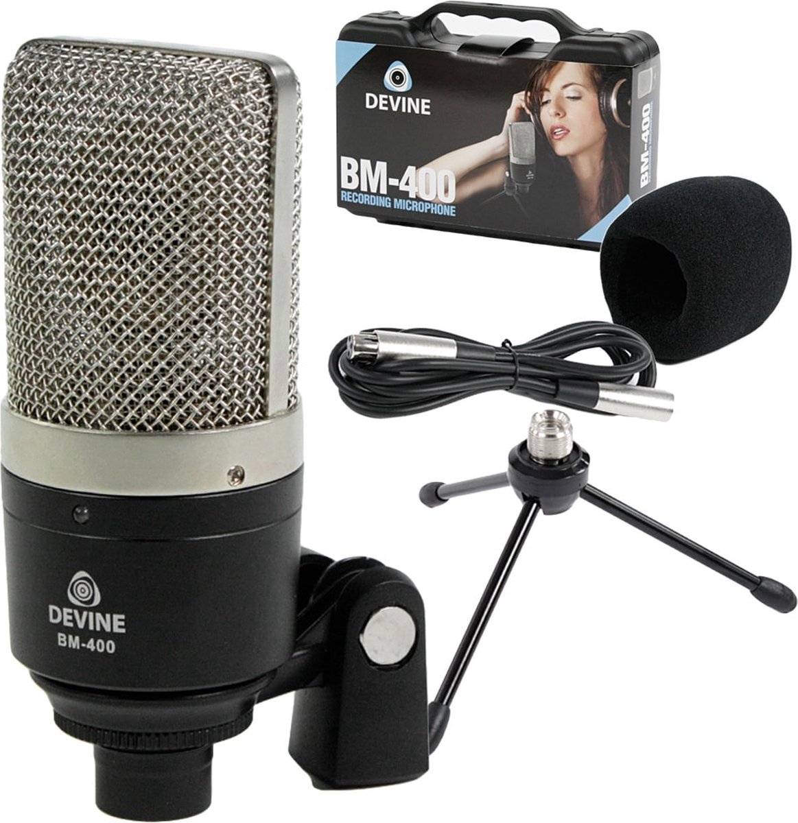 Devine BM-400 Condensator Studio Microfoon set - Plopkap Popfilter - Standaard - XLR kabel - Gaming - Streaming - Studiomicrofoon - Zwart