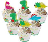 ProductGoods - 12 Stuks Dino's Mini Cupcake Bakjes + 12 Cupcake Dino Versiering - Kinderen - Kinderfeestje - Party - Taart Decoraties - Verjaardag Decoratie - Happy Birthday - Dino