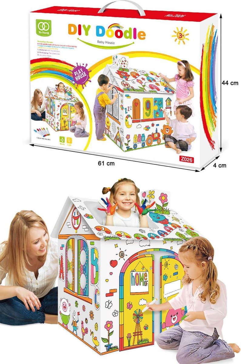Speelhuis van karton, schilderhuis, kartonnen speelhuis om te beschilderen en te decoreren, inclusief pennen, huisspeelgoed, karton, 106 x 84 x 110 cm (peperkoek