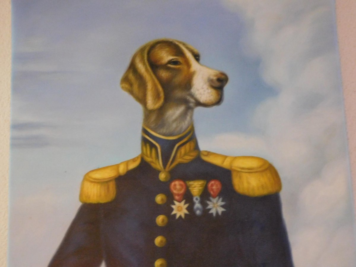 Speciaal schilderij van hond met uniform