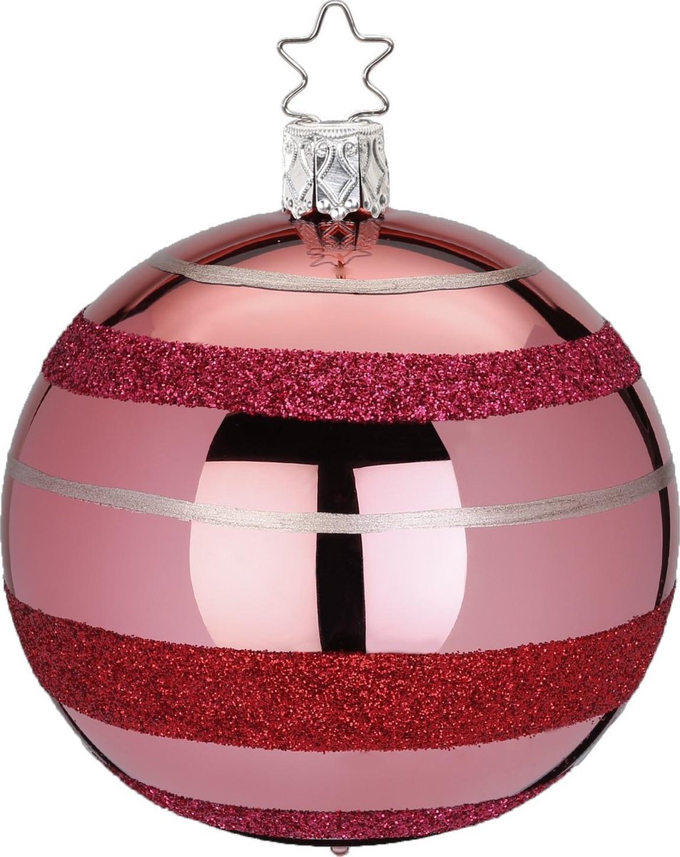 Twee Roze Kerstballen met Rode Ringen en Zilveren Strepen 8 cm - Handgemaakt in Duitsland