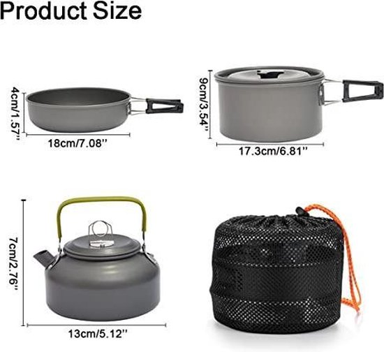 ERBO Campingkookgereiset, campingpot van aluminium, outdoor kookgerei met opvouwbaar bestek, campingservies voor 2 personen, campingservies voor wandelen, vissen, picknicken, groen