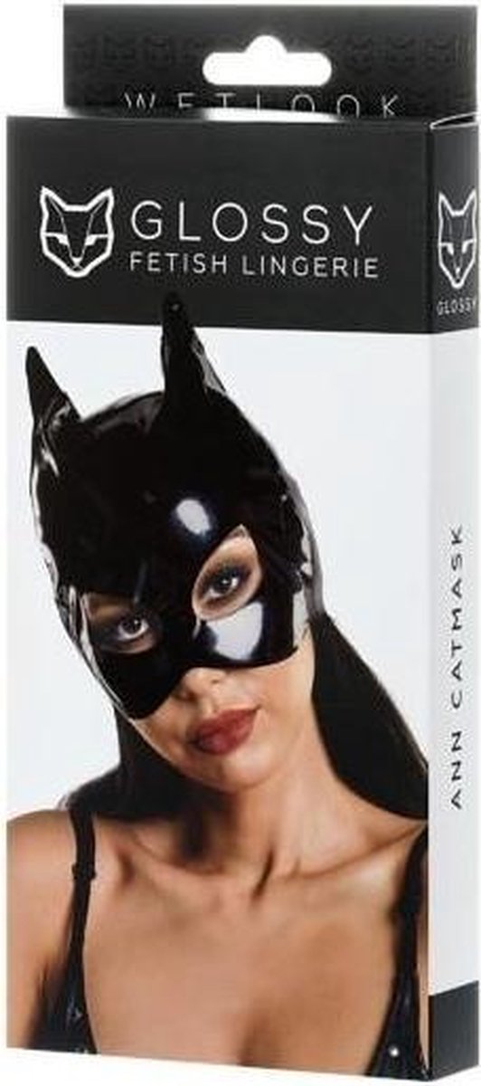 Glossy Wetlook Cat Mask - Zwart - One Size