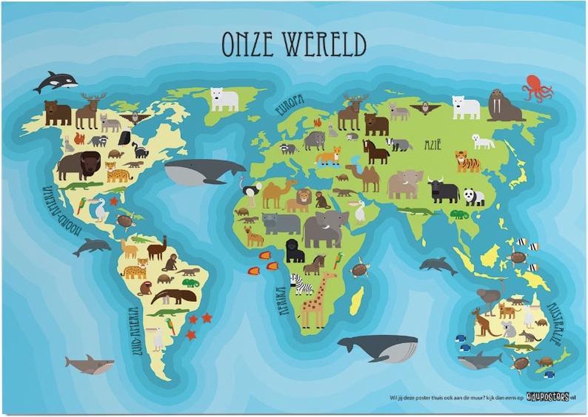 eduposters Educatieve poster (Posterpapier) - Topografie onze wereld dierenrijk - 59.4 x 42 cm (A2) Beige