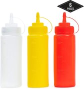 6 stuks Squeeze fles met dop, sausfles knijpfles, gekleurd (340 ml) - lekvrij & 100% BPA-vrij - plastic flessen kruidendispenser voor condiment sauce dressings mosterdketchup oliën.