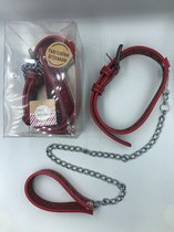 Echt Leer - Lederen Zware Halsband met metalen ketting - Heavy Leather Collar with Leash - Lea04 - Rood - Europees fabrikaat dus geen chinese rommel