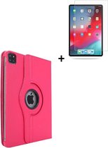 Ipad Pro 11 (2020) hoes Kunstleder Hoesje 360° Draaibare Book Case Bescherm Cover Hoes Roze + Screenprotector Tempered Glass