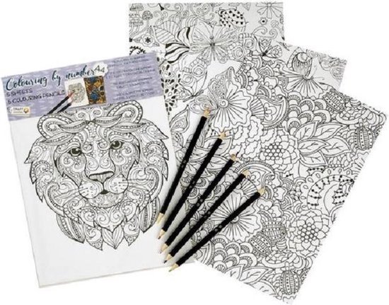 Kleuren op nummer - Kleurboek voor volwassenen - kleurpotloden 5st