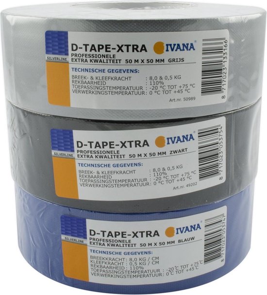 Drie rollen D-Tape-Xtra tape, Professionele extra kwaliteit, 50 M X 50 MM, in de kleuren grijs, zwart en blauw.