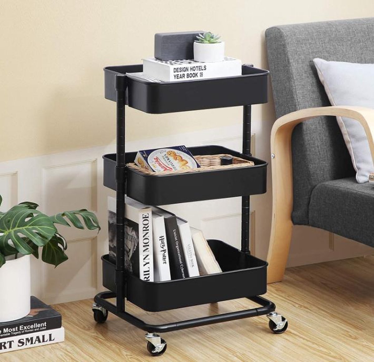 KARAT Rek smal zilver op wielen van metaal met 5 planken, rolwagen voor keuken, badkamer, kelder