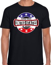 Have fear United States is here t-shirt met sterren embleem in de kleuren van de Amerikaanse vlag - zwart - heren - Amerika supporter / Amerikaans elftal fan shirt / EK / WK / kleding L