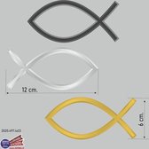 Ichthus vissen symbool sticker set van 3 stickers in de kleur Zwart, Zilvergrijs en Goud geel