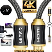 MIFOR® HDMI Kabel 2.0 -Ultra HD 4K -24 KARAAT GOLD PLATED- 5 METER-USB kabel 2.0 -Tot 240 HZ -18 GBps-Vergulde Connectoren-High Speed - Full HD Beeldkwaliteit-Male to Male-USB aans