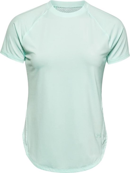 Lichtgroen Under Armour sportshirt met korte mouwen, ronde hals en mesh inzetstukken aan de zijkant.